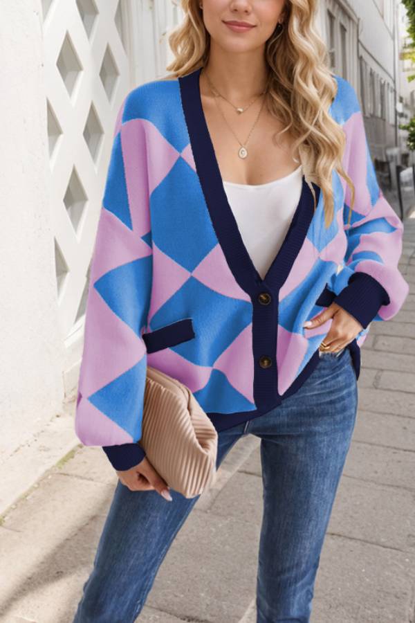 Drune | Hals Diamantstich Kontrastfarbe Lockere Gestrickte Cardigan Jacke für Frauen