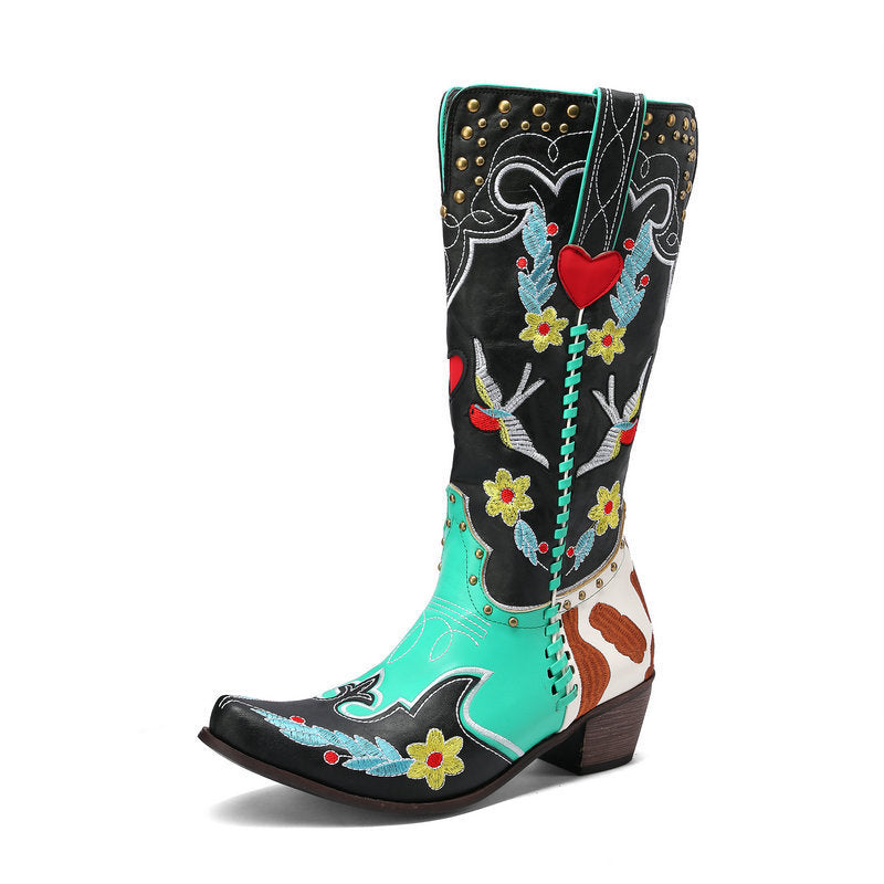 Drune | Denim Western Schuhe Damen Leder Stiefel Fantastische Stickerei