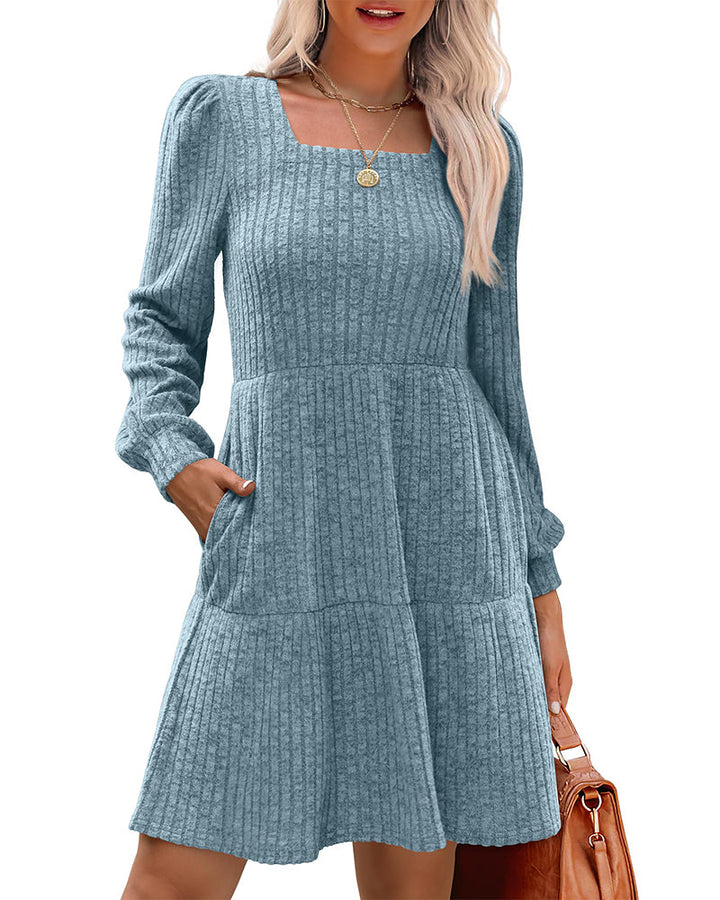 Drune | Damenkleid mit Quadrat Ausschnitt Laternenärmeln und Rippstruktur