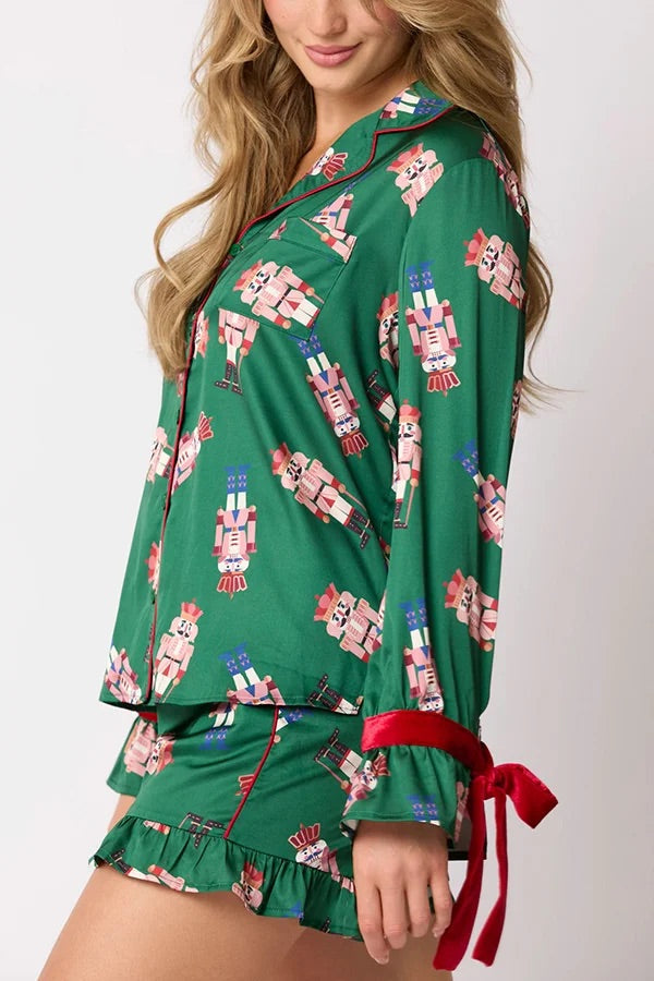Drune | Weihnachten Mode Gedruckte Fliege Oberteil und Elastischer Taillen Rüschenshorts Set