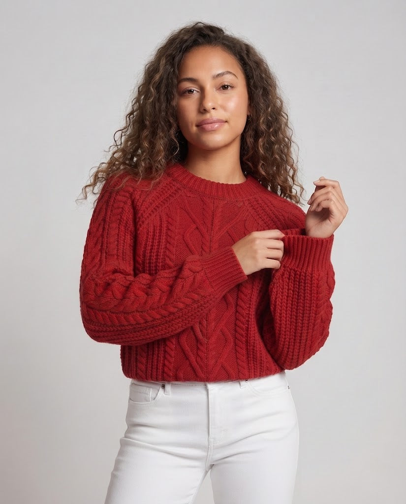 Damen Boxy-Pullover mit Zopfstruktur, Ajour‑Einsatz und weichem Flor Drune
