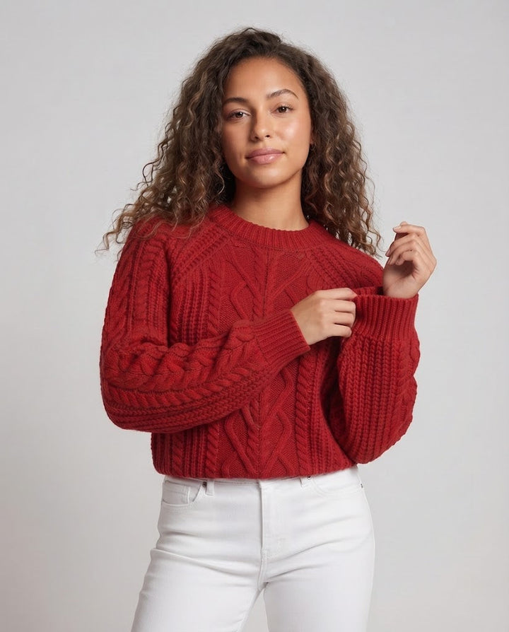 Damen Boxy-Pullover mit Zopfstruktur, Ajour‑Einsatz und weichem Flor Drune