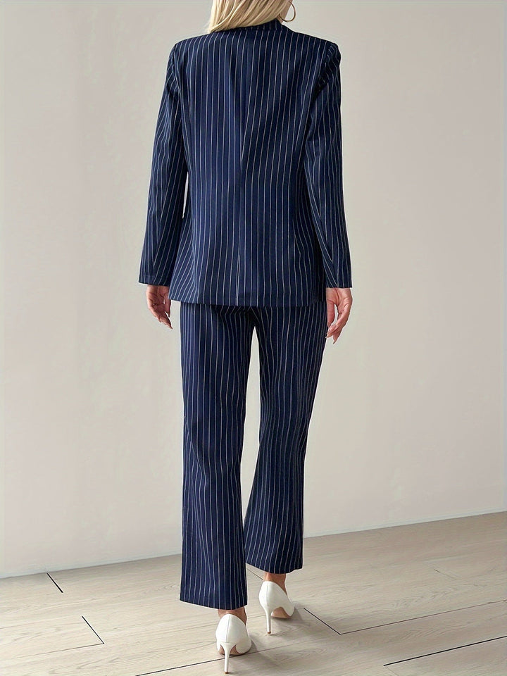 Drune | Gestreiftes Knopf-Front Langarm Blazer & Hoch Taille Gerade Bein Hose Outfit-Set Für Damen - Für formelle Anlässe