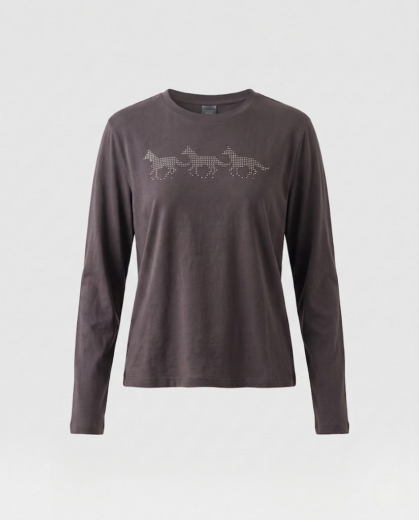 Damen Feines Langarmshirt aus Baumwolljersey mit Strass‑Pferdemotiv und ausgestellten Daumenlochärmeln Drune