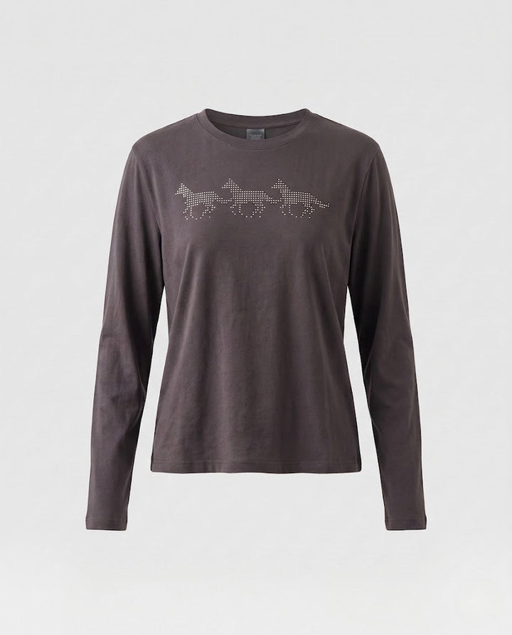 Damen Feines Langarmshirt aus Baumwolljersey mit Strass‑Pferdemotiv und ausgestellten Daumenlochärmeln Drune
