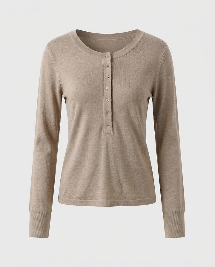 Damen Feines Langarm-Henley aus Feinstrick mit knöpfbarer Mittelblende und schmaler Passform Drune