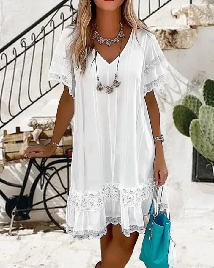 Drune | Kurzärmliges Weißes Sommerkleid mit Spitzenpaneelen