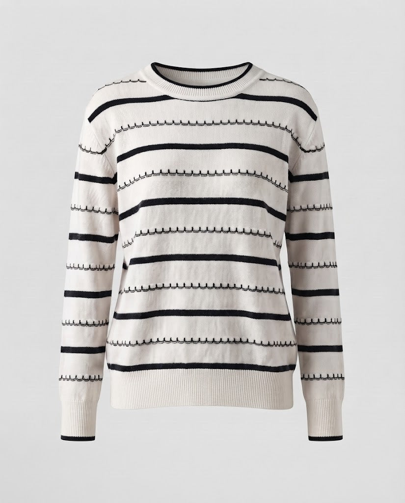 Damen Gestreifter Feinstrickpullover mit Ziernaht und Rundhalsausschnitt Drune