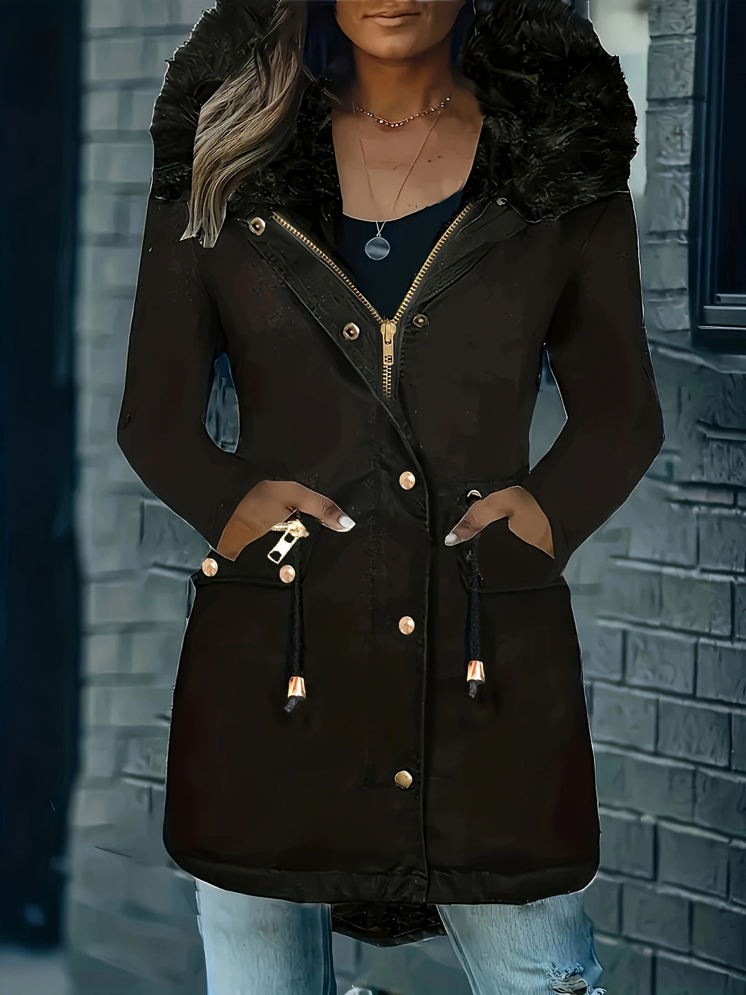 Drune | Zip up Parka Mantel mit Knöpfen Kapuze Damen Winterjacke