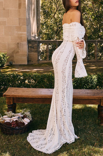 Drune | Blumen Spitze Off Shoulder Flare Ärmel Fishtail Maxi Kleider - Weiß