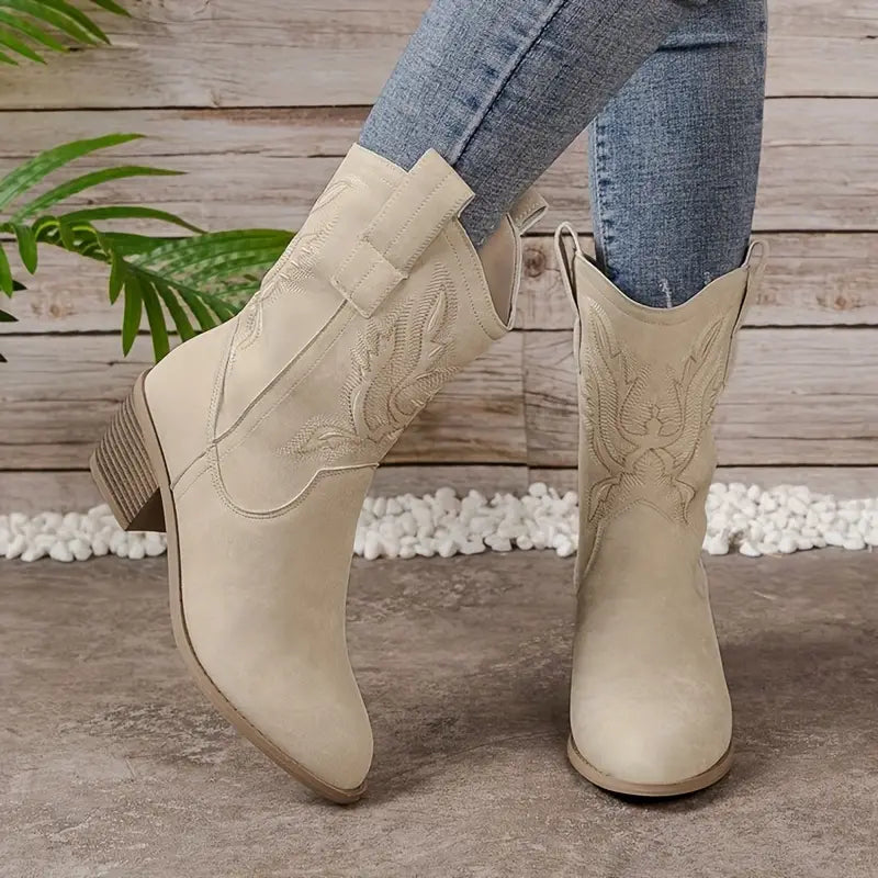 Drune | Vintage Western Cowboy-Stiefel mit V-Ausschnitt-Stickerei und Blockabsatz