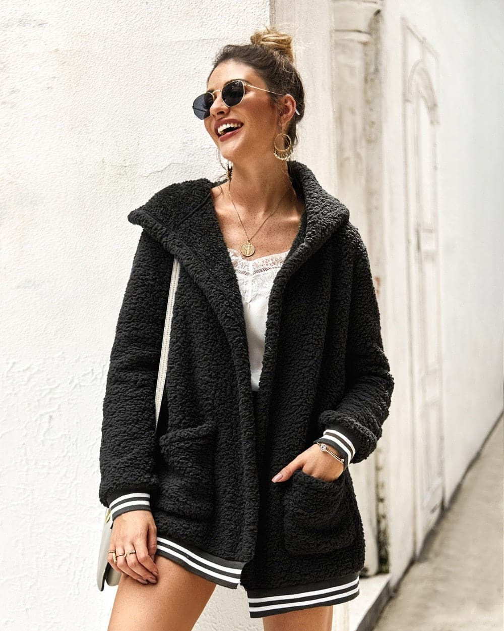 Drune | Fleecejacke Übergroß Sherpa Kapuze Und Große Taschen Weich Und Warm