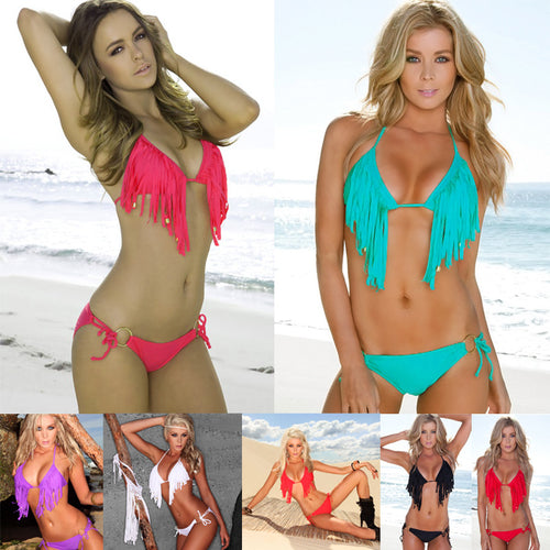 Damen Triangel-Bikini mit fransigen Details und goldenen Akzenten Drune
