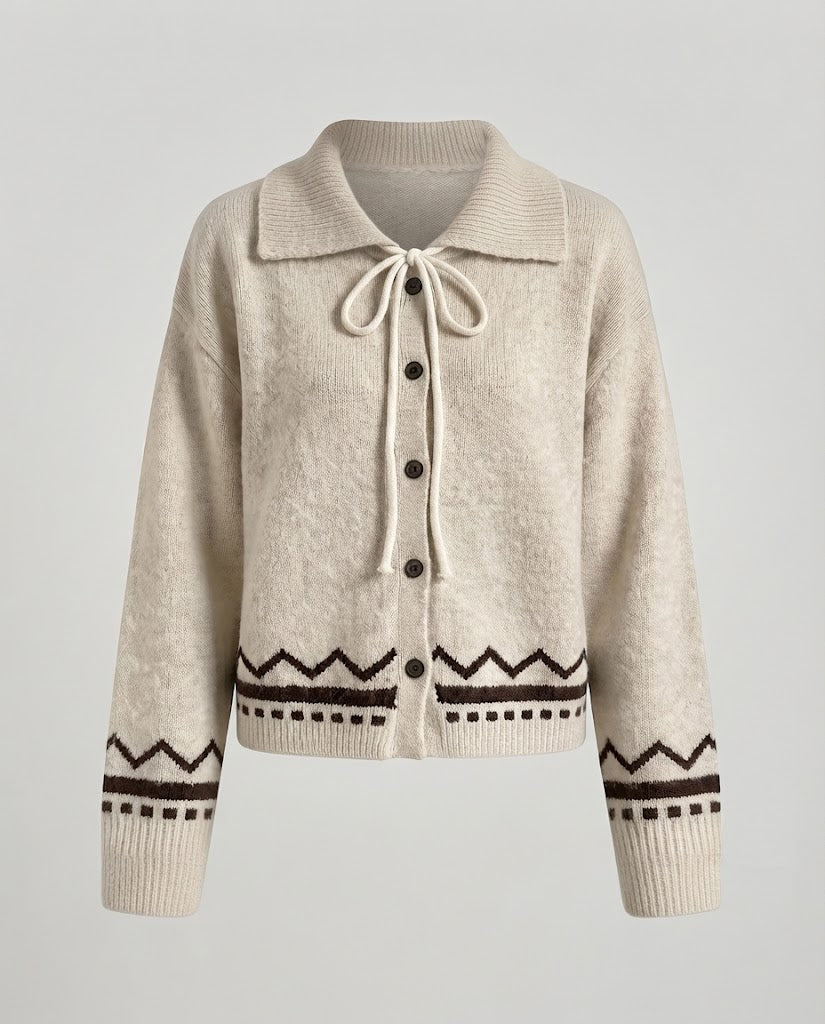 Damen Kurzgeschnittene Strickjacke mit Umlegekragen, geknöpfter Front und Norweger‑Intarsia Drune