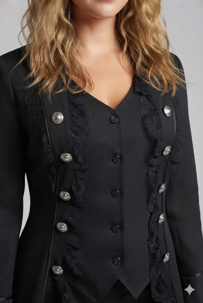 Damen elegante Frack mit Spitze Akzenten und dekorativem Knopfverschluss Drune