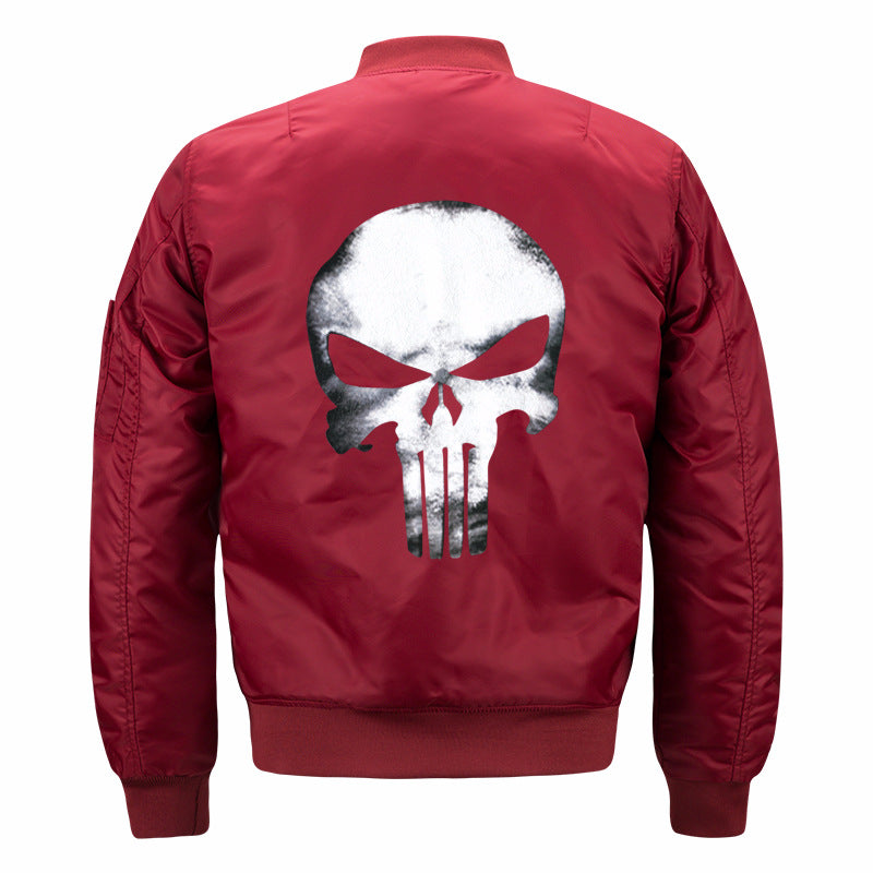 Men's  skull-back printed lightweight nylon bomber jacket with ribbed cuffs and sleeve utility pocket Drune