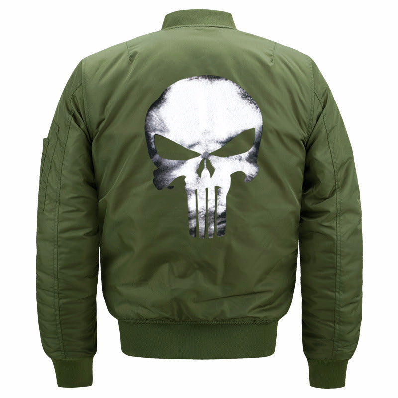 Men's  skull-back printed lightweight nylon bomber jacket with ribbed cuffs and sleeve utility pocket Drune