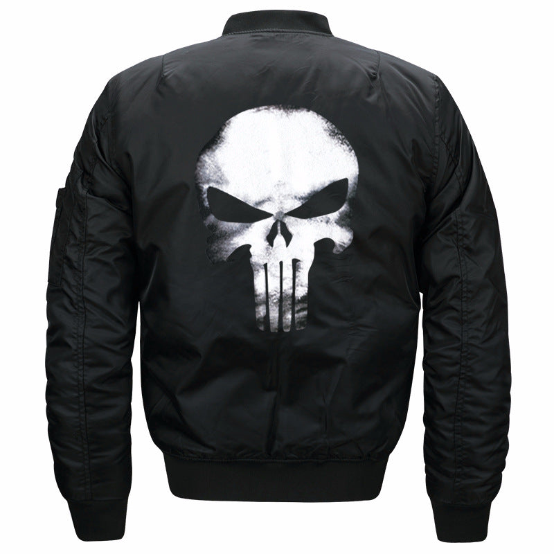 Men's  skull-back printed lightweight nylon bomber jacket with ribbed cuffs and sleeve utility pocket Drune