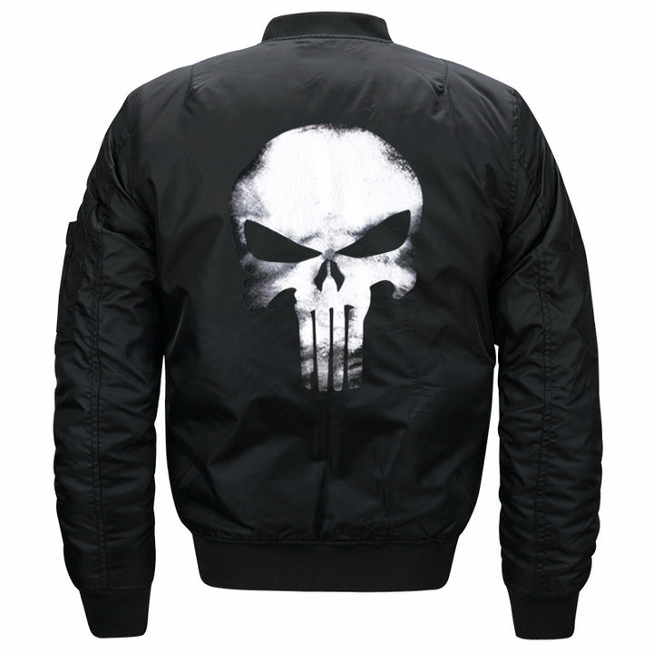 Men's  skull-back printed lightweight nylon bomber jacket with ribbed cuffs and sleeve utility pocket Drune