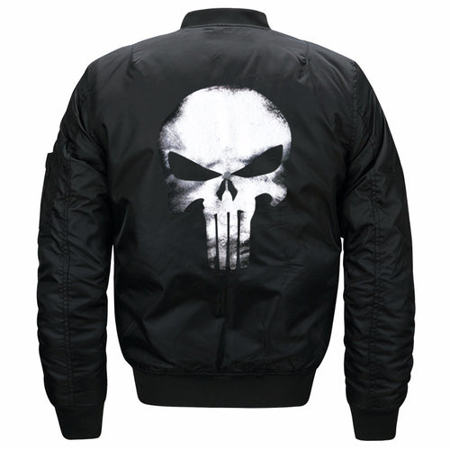 Men's  skull-back printed lightweight nylon bomber jacket with ribbed cuffs and sleeve utility pocket Drune