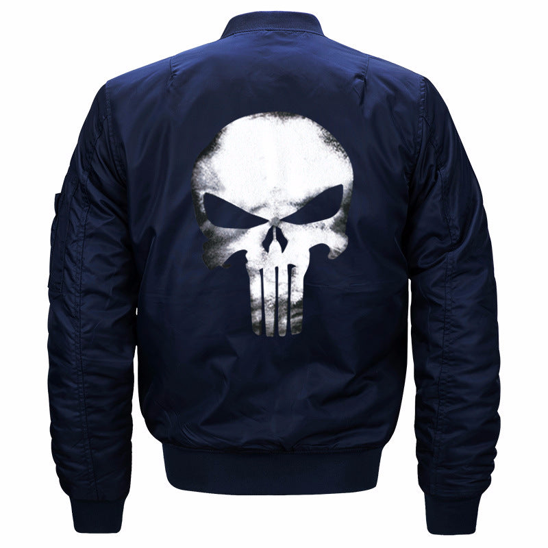 Men's  skull-back printed lightweight nylon bomber jacket with ribbed cuffs and sleeve utility pocket Drune