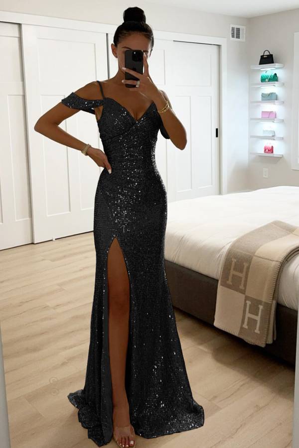 Drune | Paillettenspitze Meerjungfrau Abschlussballkleider mit Schlitz Off-Shoulder Abendkleid