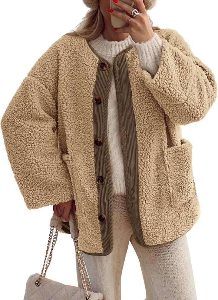 Drune | Damen Warme Winterjacken - Lässige Langarm Button-up Fleecejacke aus Sherpa