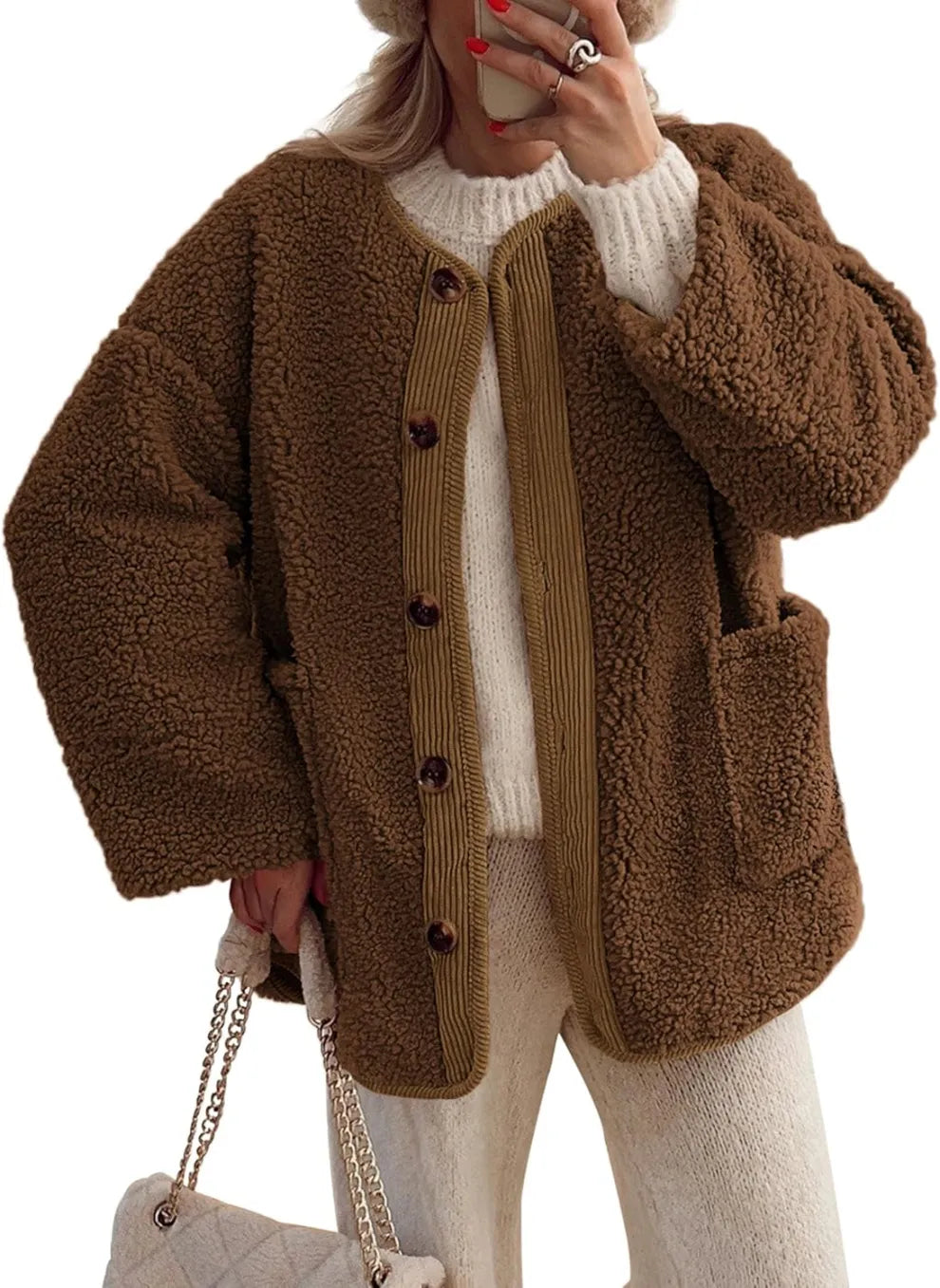 Drune | Damen Warme Winterjacken - Lässige Langarm Button-up Fleecejacke aus Sherpa