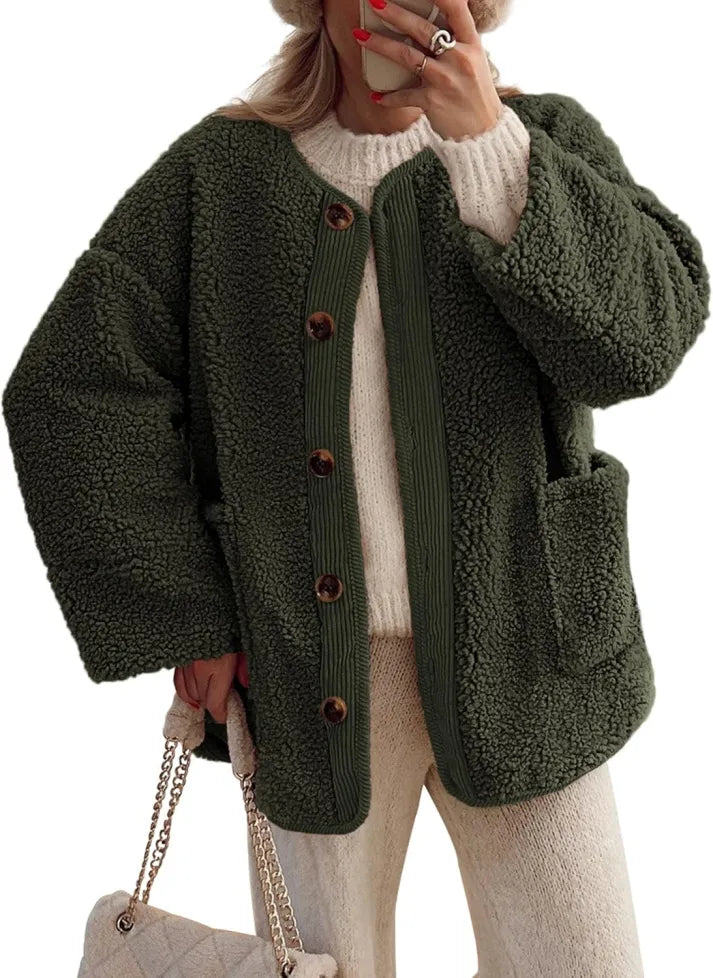 Drune | Damen Warme Winterjacken - Lässige Langarm Button-up Fleecejacke aus Sherpa