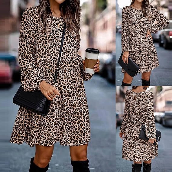 Drune | Bequemen Langarm Kleid mit Leopardenmuster
