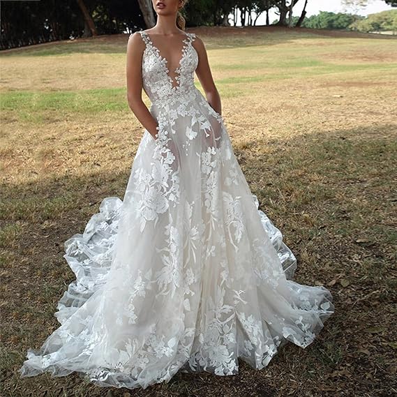 Damen Hochzeitskleid mit floralen Spitzenapplikationen und tiefem V-Ausschnitt Drune