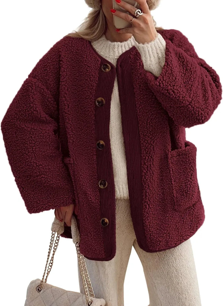 Drune | Damen Warme Winterjacken - Lässige Langarm Button-up Fleecejacke aus Sherpa