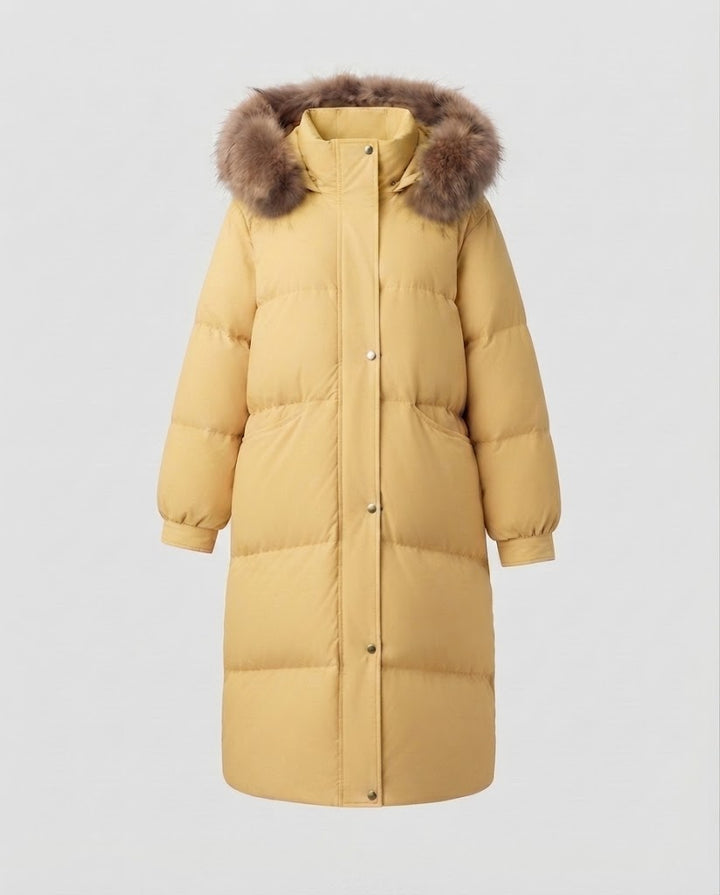 Damen längerer gesteppter Winterparka mit feminine A-Linie, abnehmbarer Kapuze und extra großen Seitentaschen