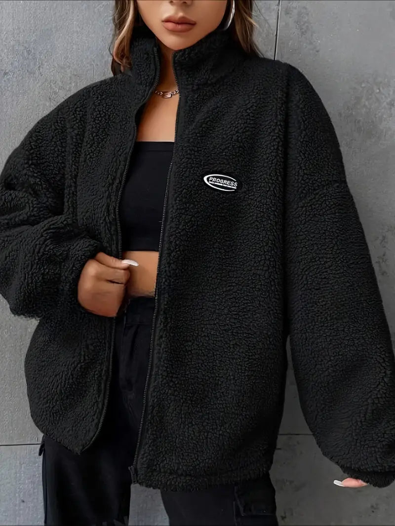 Drune | Lockere Passform Teddyjacke mit Reißverschluss, Stilvolle Tropfenschulter