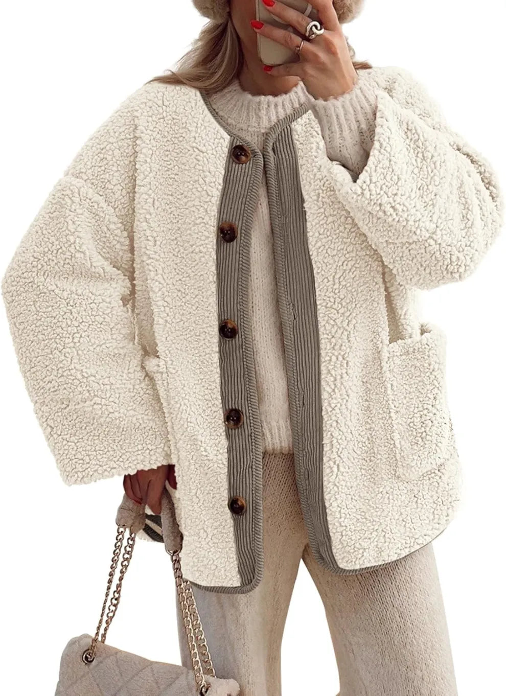 Drune | Damen Warme Winterjacken - Lässige Langarm Button-up Fleecejacke aus Sherpa