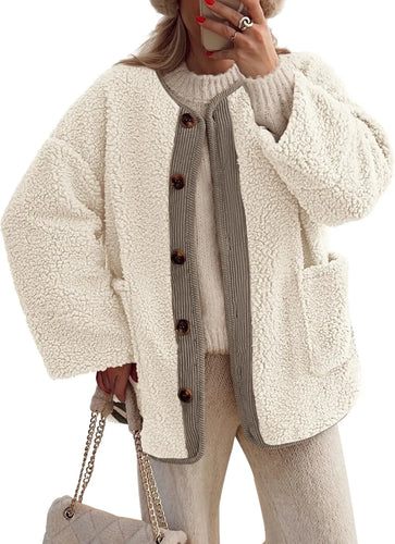 Drune | Damen Warme Winterjacken - Lässige Langarm Button-up Fleecejacke aus Sherpa