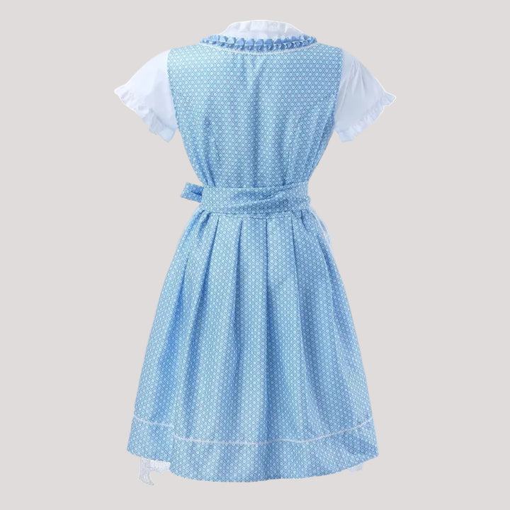 Damen Dirndl mit Schnürmieder, Schürze und gemustertem Rock