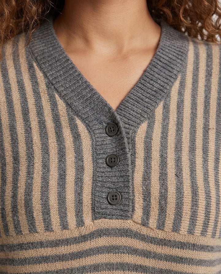 Damen Gestreifter Feinstrickpullover mit V-Ausschnitt, Knopfleiste und Cropped‑Silhouette Drune