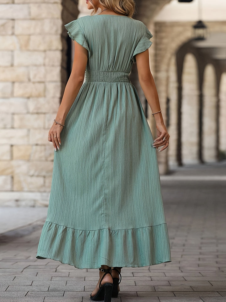 Drune | Elegantes V-ausschnitt Kleid mit Hoher Taille und Rüsche Ärmeln