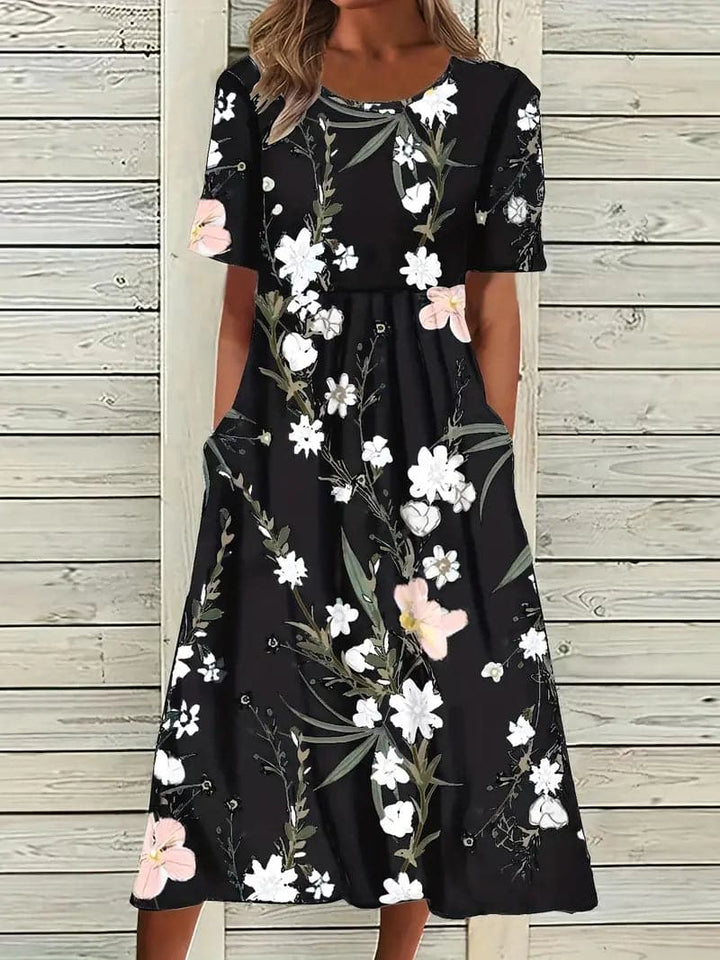 Drune | Midi Kleid Blumendes Muster Rundhals Kurze Ärmel Luftig und Bequem