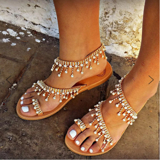 Drune | Orthopädische Sandalen Flache Perle Bequeme String Perlen Hausschuhe