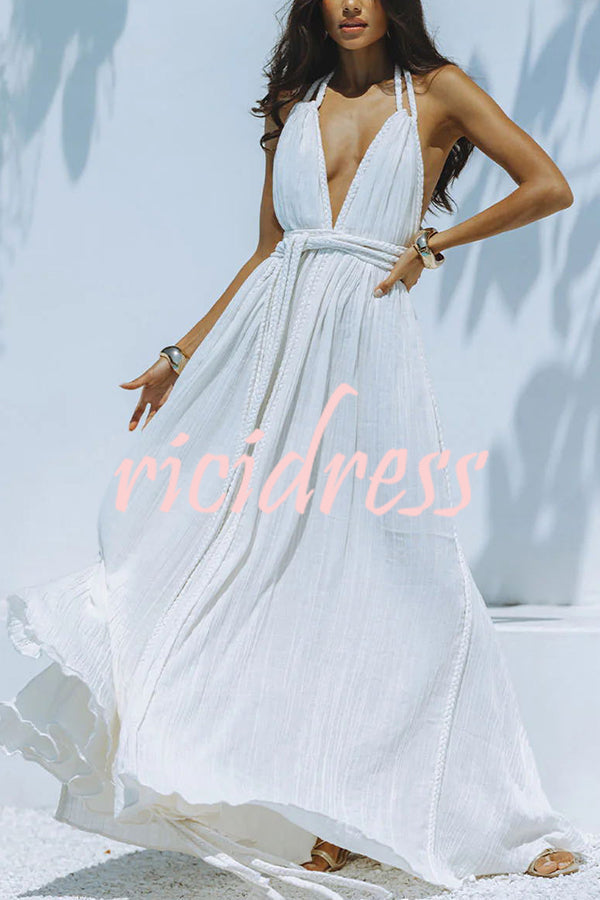 Drune Whispers – Drapiertes Maxikleid aus Leinenmischung mit tiefem V-Ausschnitt, Neckholder und rückenfreiem Überzug