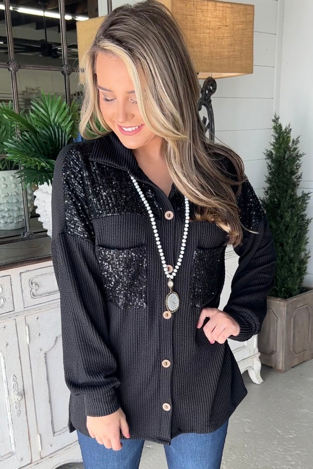 Drune | Gerippte Blusenjacke mit Pailletten-details Polyester-mischung Festlich und Trendy