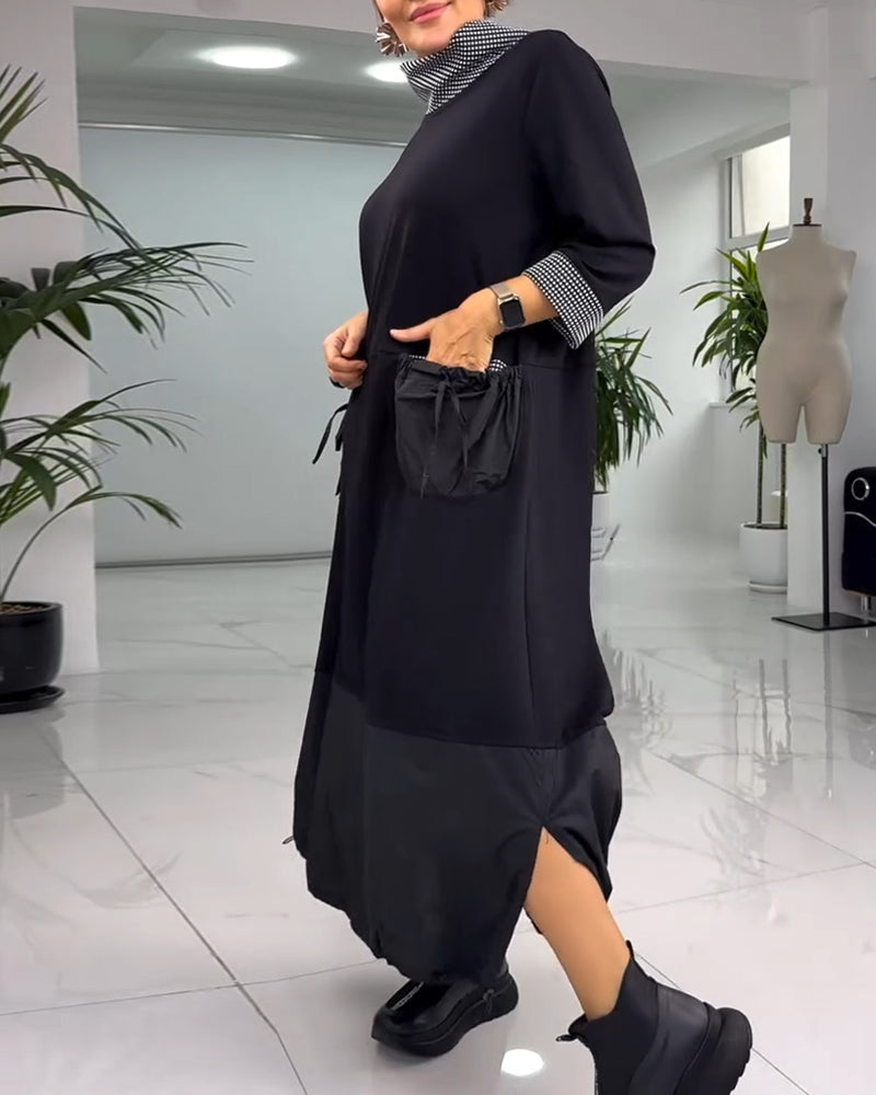 Drune | Kariertes Patchworkkleid mit Hohem Kragen und Tasche