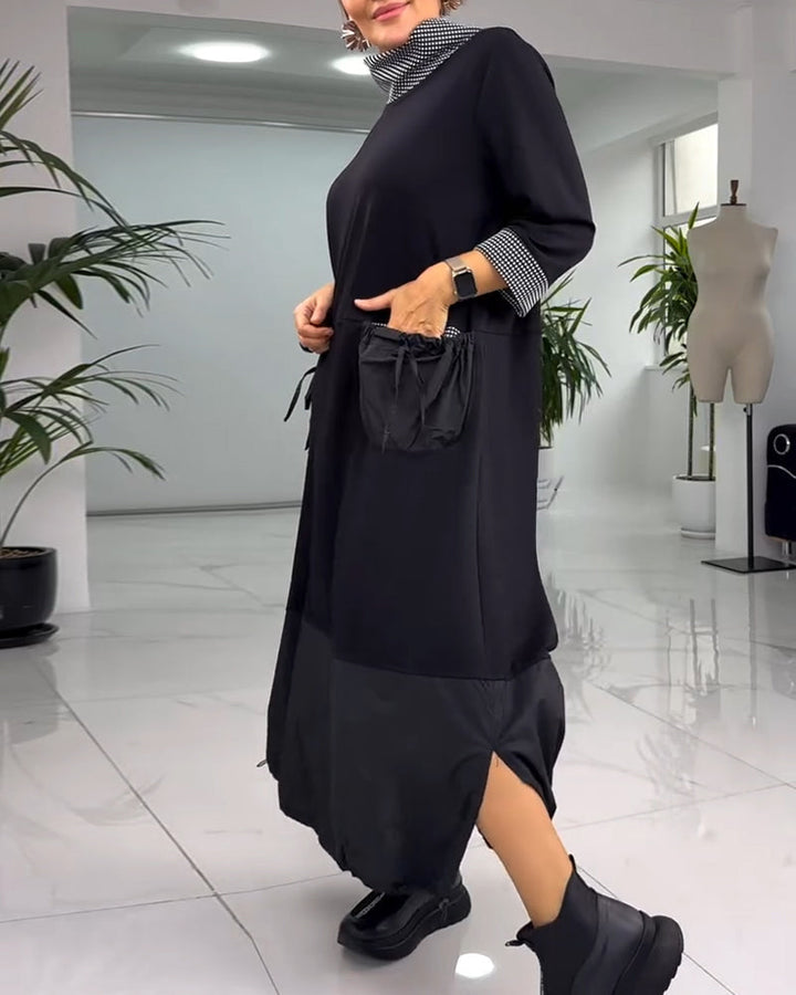 Drune | Kariertes Patchworkkleid mit Hohem Kragen und Tasche