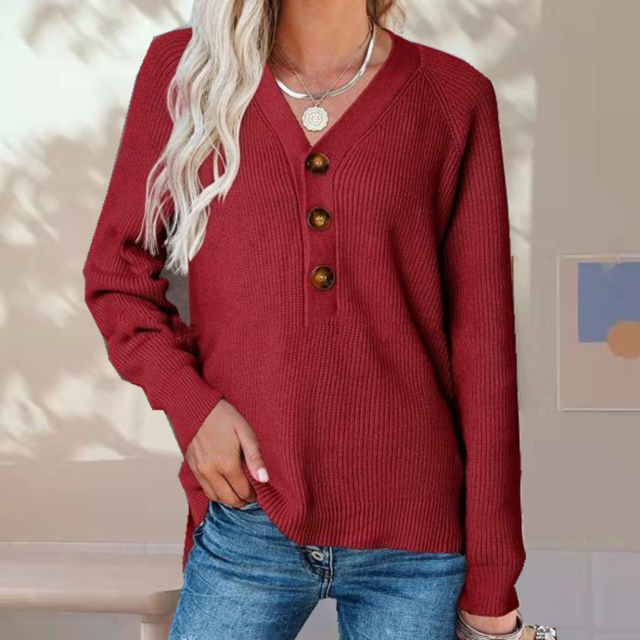Drune | Pullover - Damen Herbst Knopf V-Ausschnitt Strickpullover