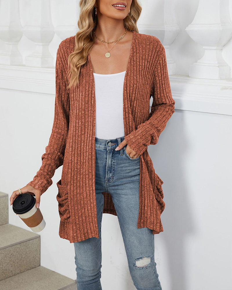 Drune | Lässiger Einfarbiger Cardigan mit Langen Ärmeln und Tasche