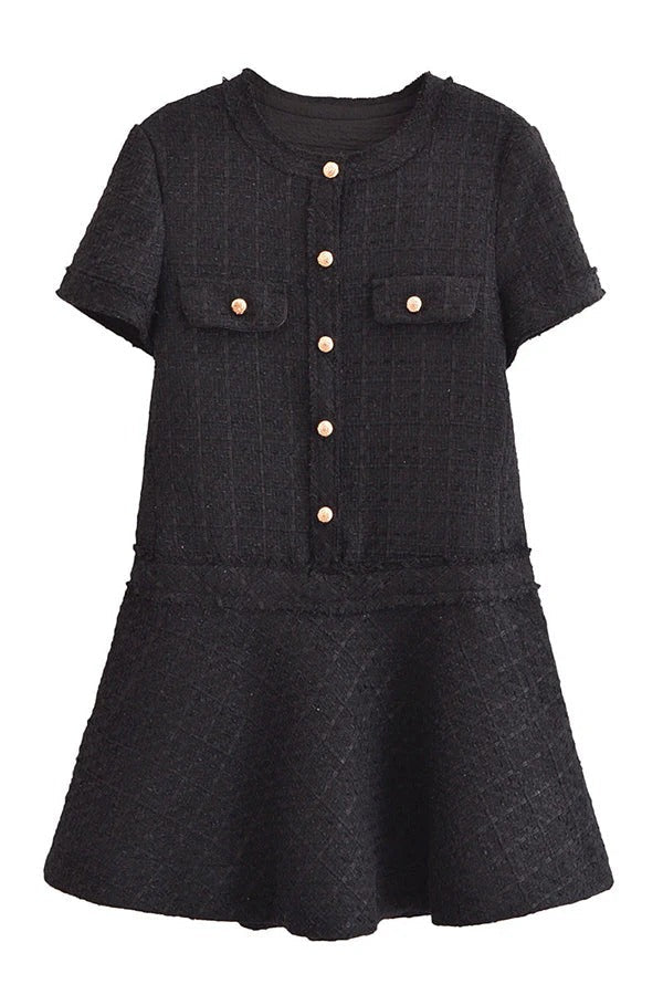 Drune | 1960Er London Girl Tweed-Texturiertes Kurzärmliges Kleid mit Goldknöpfen und Taschen