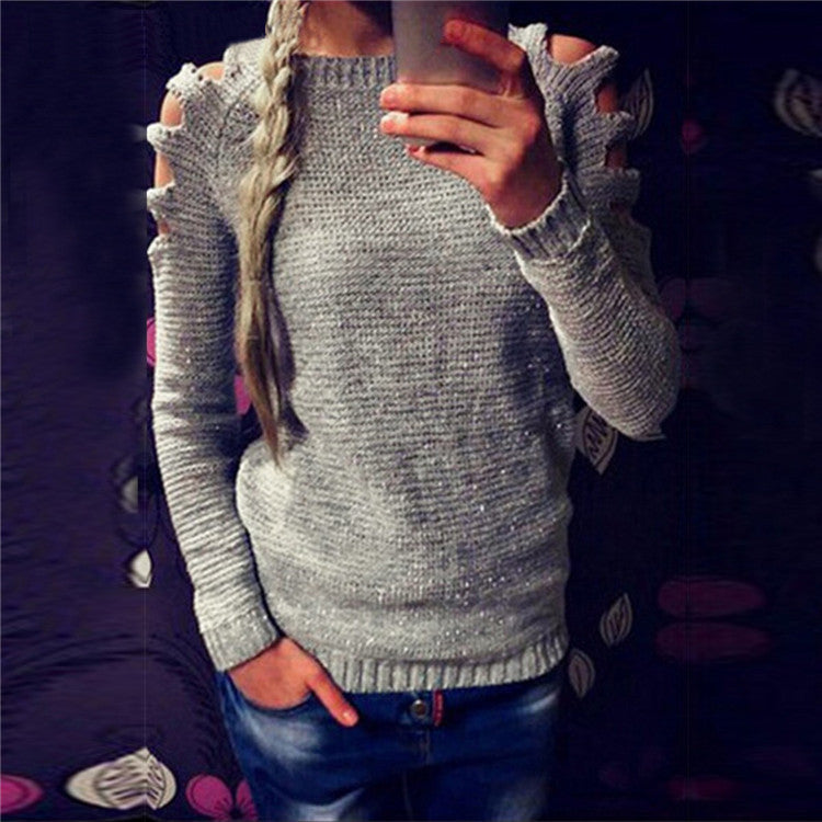 Damen Strickpullover mit offenem Schulterdesign und glitzernden Akzenten Drune