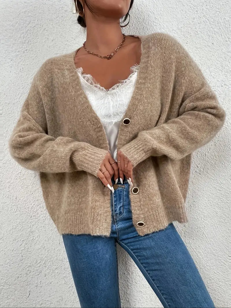Drune | Damen Strickcardigan mit V-Ausschnitt – Weicher Oversize Pullover mit Knopfleiste